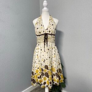 LUCY PARIS BROWN YELLOW POLKA DOT HALTER DRESS Y2K FAIRY EURO STYLE ELEGANT
